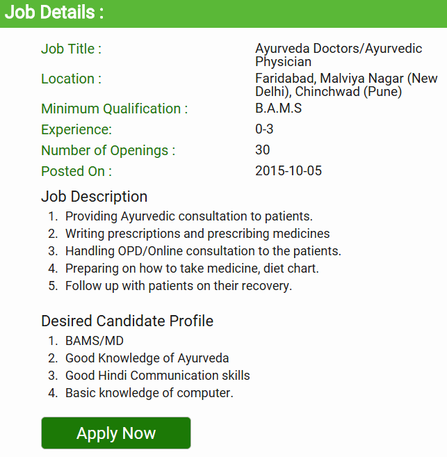 Vacancy for the post of Ayurveda Doctors Ayurvedic Physician BAMS