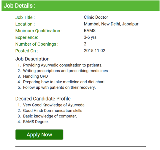 Vacancy for the post of Ayurveda Doctors Ayurvedic Physician BAMS