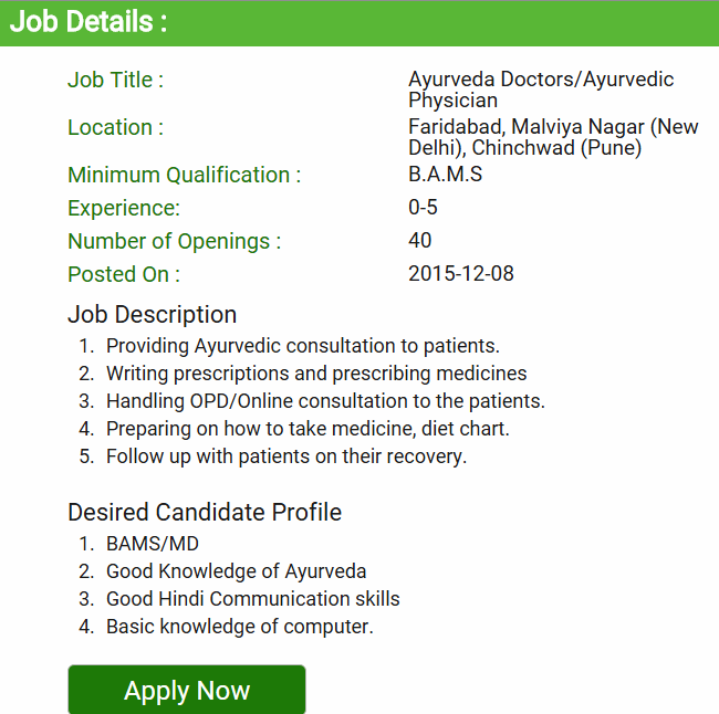 Vacancy for the post of Ayurveda Doctors Ayurvedic Physician BAMS